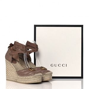 GUCCI Authentic Nappa Matelasse GG Marmont Ankle Wrap Platform Espadrille Wedges